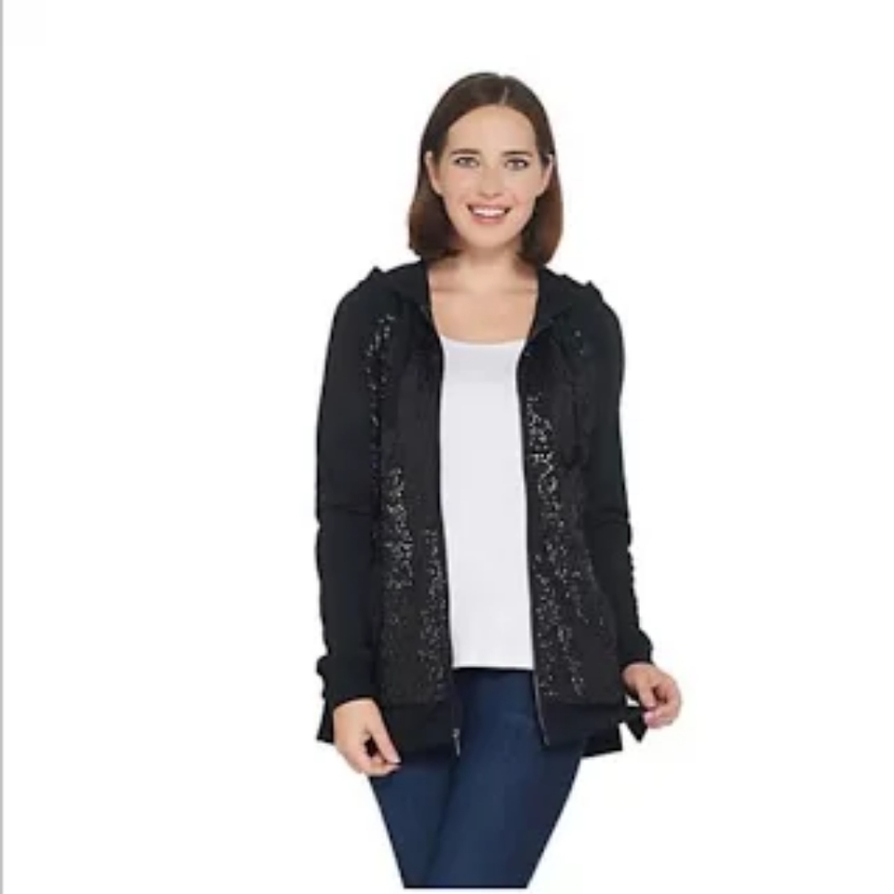 Isaac Mizrahi Live Sequin Zip Front Hoodie With Pockets (Black)